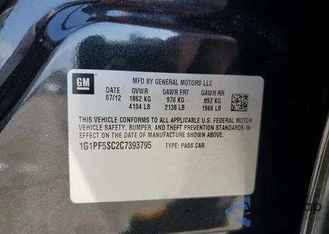 2012 Chevrolet Cruze Lt z USA, uszkodzony, nr VIN 1G1PF5SC2C7393795